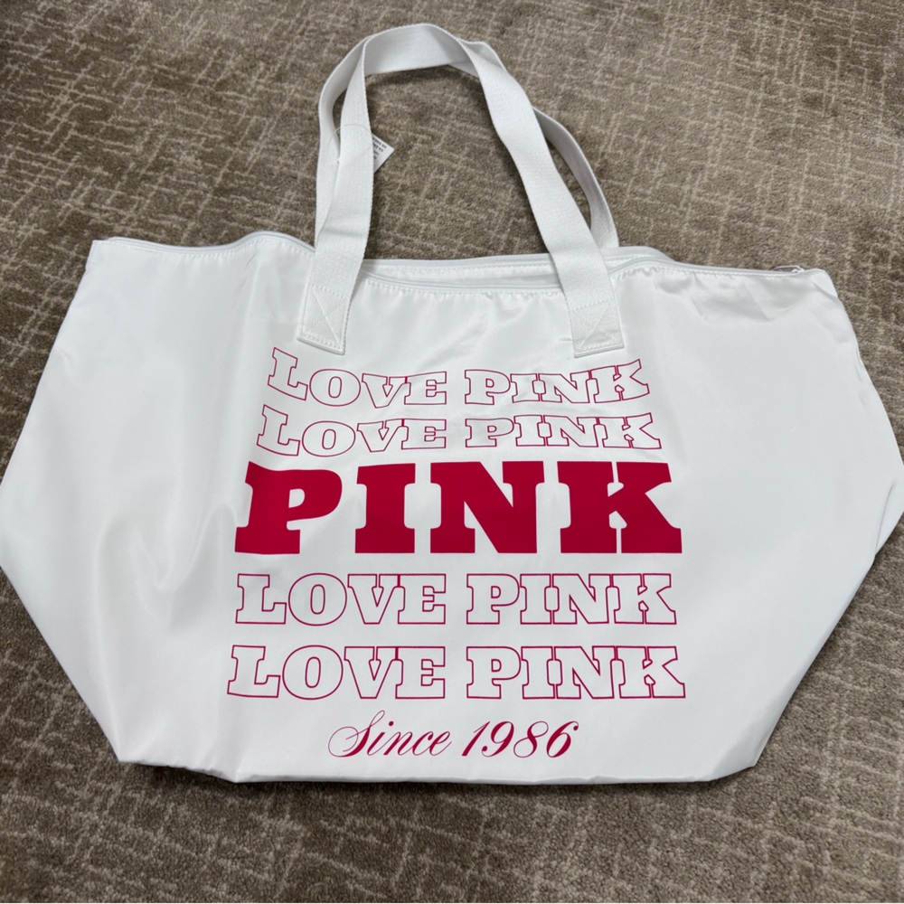 PINK Victoria's Secret White Tote with Red Pink Logo Print NWT